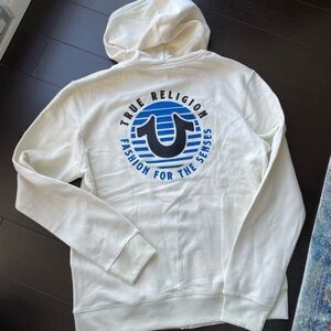 NEW True Religion White Hoodie with Blue Logo Raised Lettering